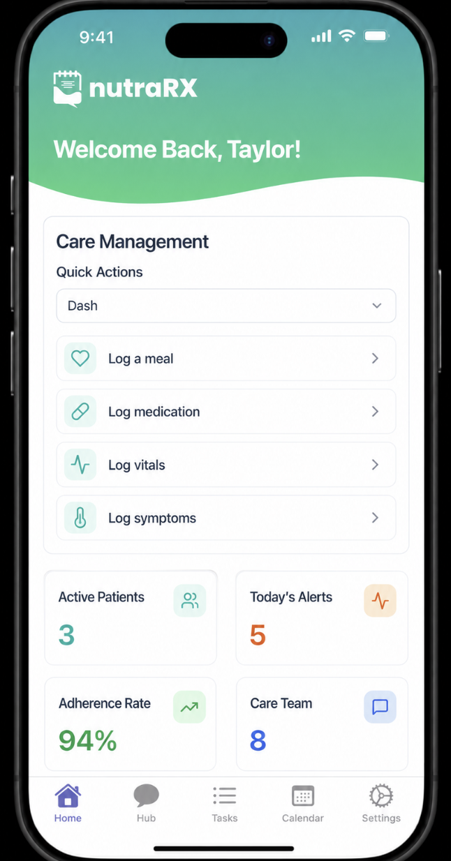 NutraRX app home screen with quick actions to log meals, medication, vitals and symptoms