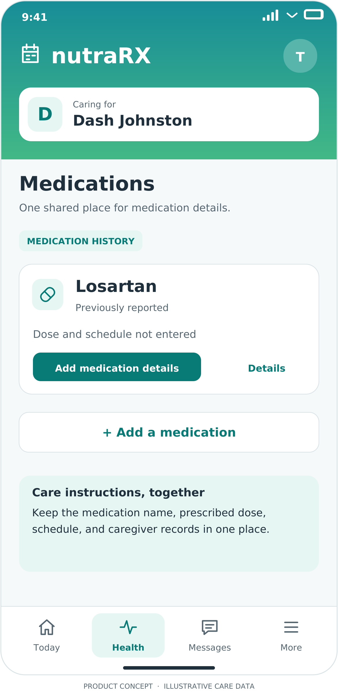 Medications screen, illustrative NutraRX product mockup
